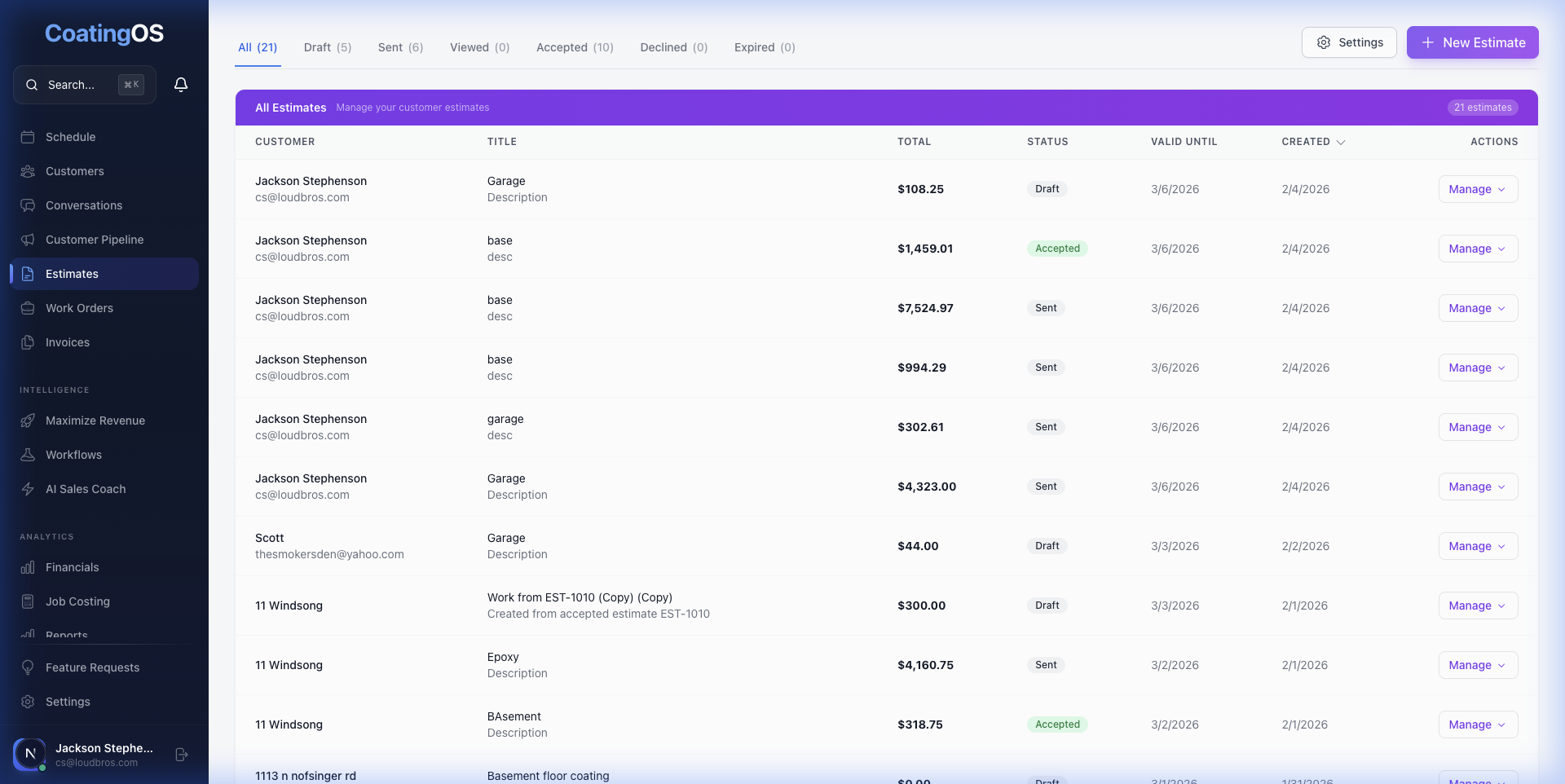 CoatingOS Estimates Interface